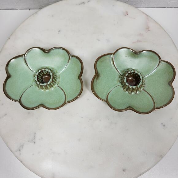VTG Frankoma Dogwood Blossom Candlestick Holders 5" Green‎ Tapered Candle 300 - Picture 16 of 16